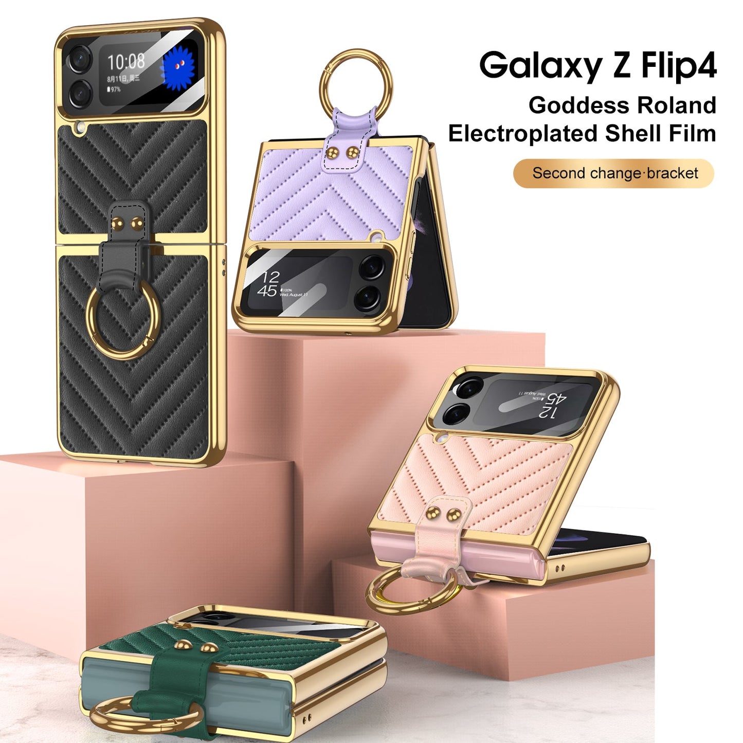 Luxury Electroplated Soft Case For Galaxy Z Flip4 5G With Back Glass And Ring Holder Standard