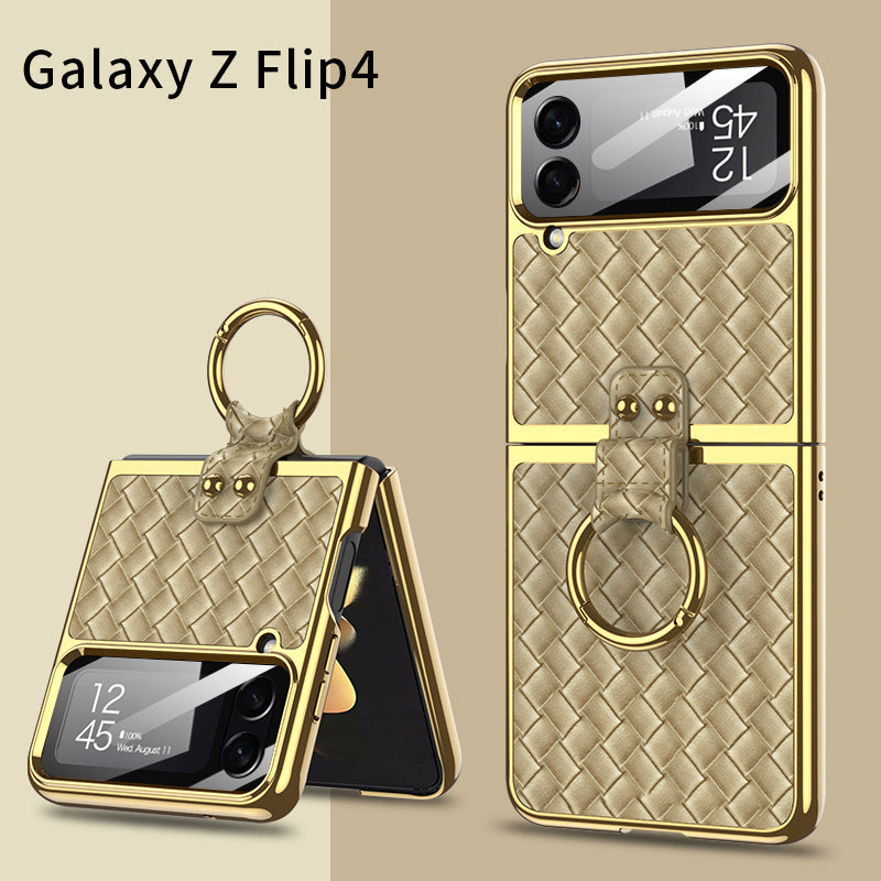 Electroplated Weave Leather Case For Galaxy Z Flip4 5G With Back Glass And Ring Holder Standard