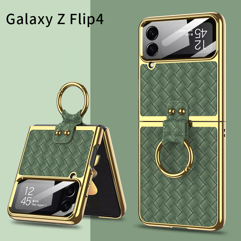 Electroplated Weave Leather Case For Galaxy Z Flip4 5G With Back Glass And Ring Holder Standard