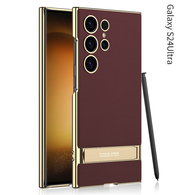 Shockproof with Precision Cutouts S24Ultra Electroplated Vegan Leather Stand Case for S24Ultra S24 Plus