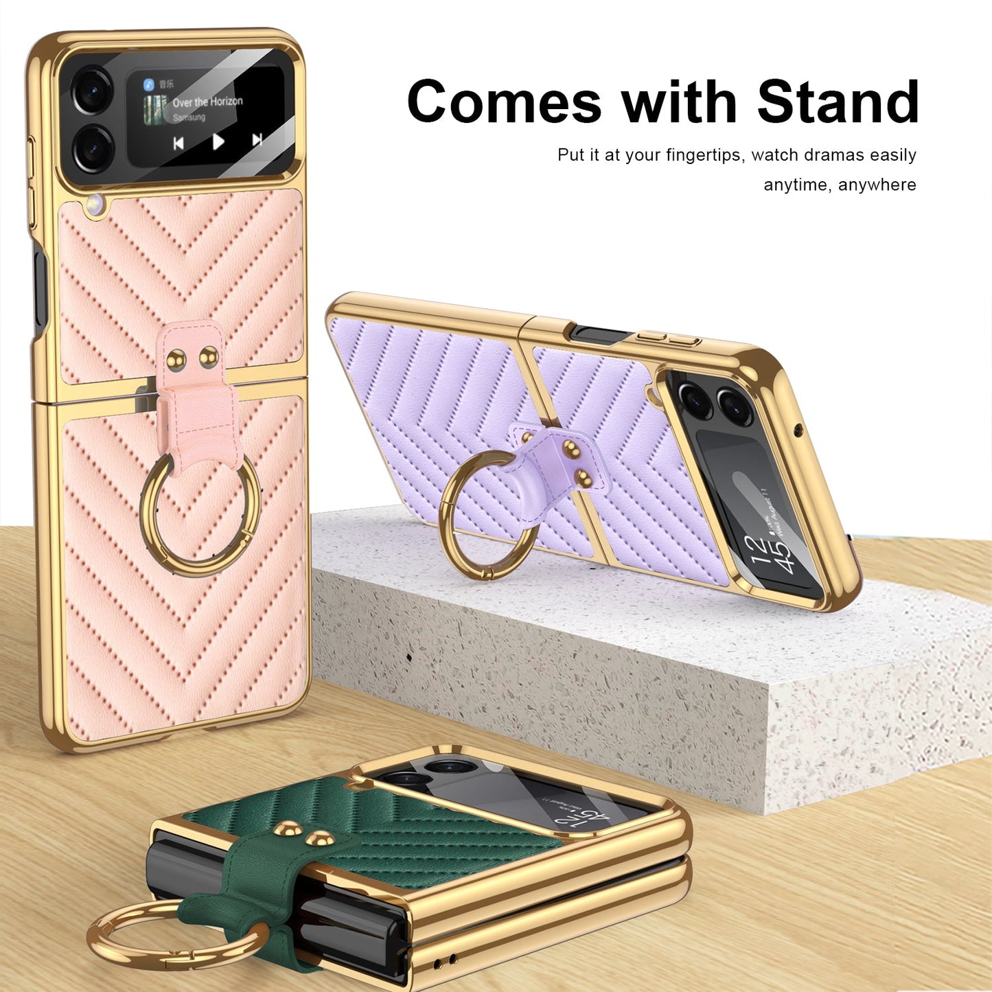 Luxury Electroplated Soft Case For Galaxy Z Flip4 5G With Back Glass And Ring Holder Standard