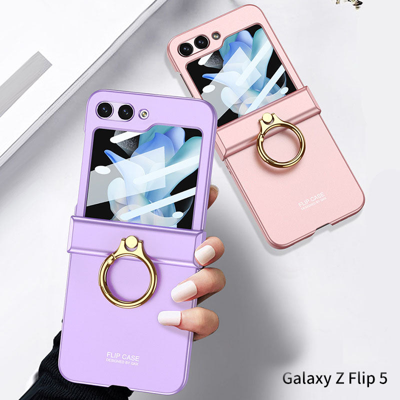 Electroplated hinge all-inclusive Case with Ring Front Screen Tempered Glass Protective Film For Samsung Galaxy Z Flip5