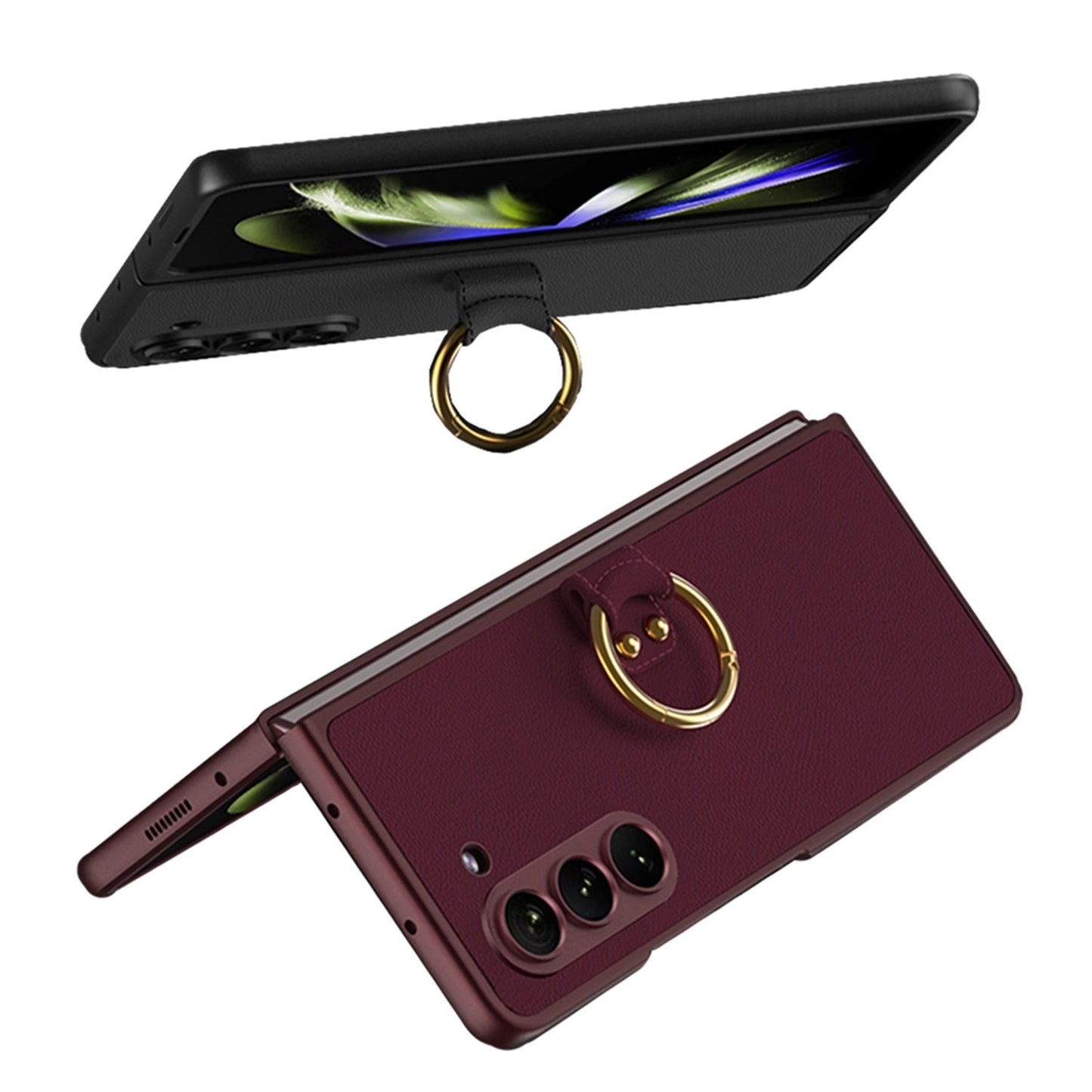 Leather Samsung Galaxy Z Fold 5 Case with Front Screen Tempered Glass Protector & Ring