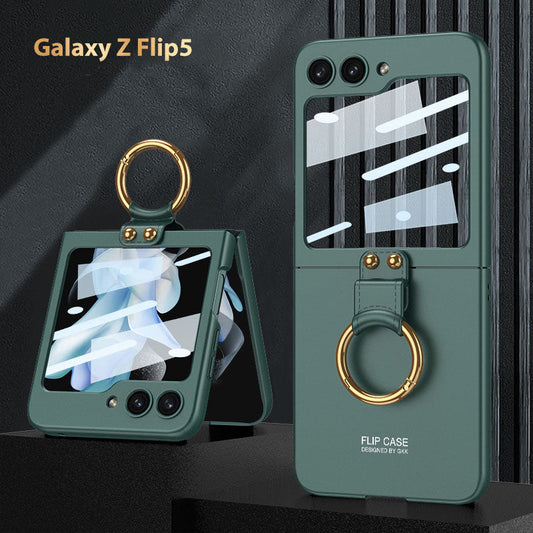 Electroplated  Samsung Galaxy Z Flip 5 Case with Front Screen Tempered Glass Protector and Ring