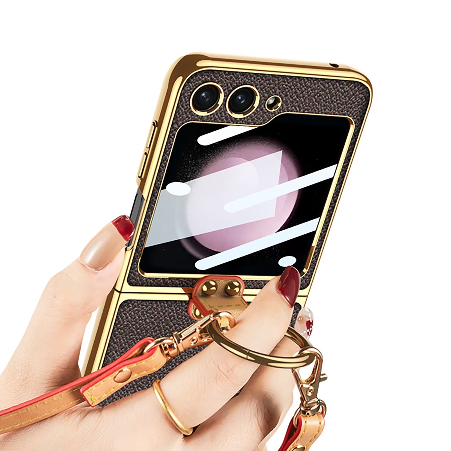 Luxury Leather Samsung Z Filp5 Phone Case With Crossbody Rope