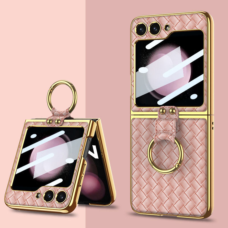 Samsung Z Flip5 Electroplating Woven Leather Case with Ring and Film