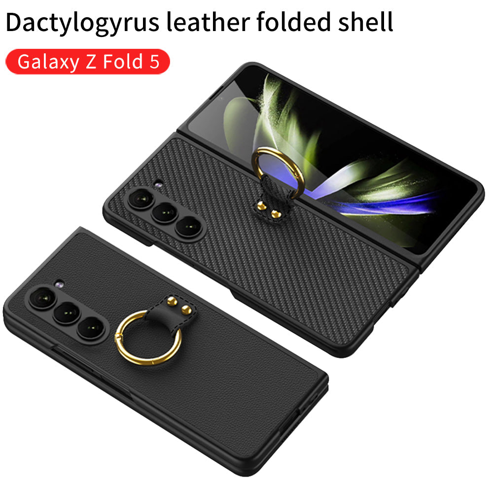 Leather Samsung Galaxy Z Fold 5 Case with Front Screen Tempered Glass Protector & Ring