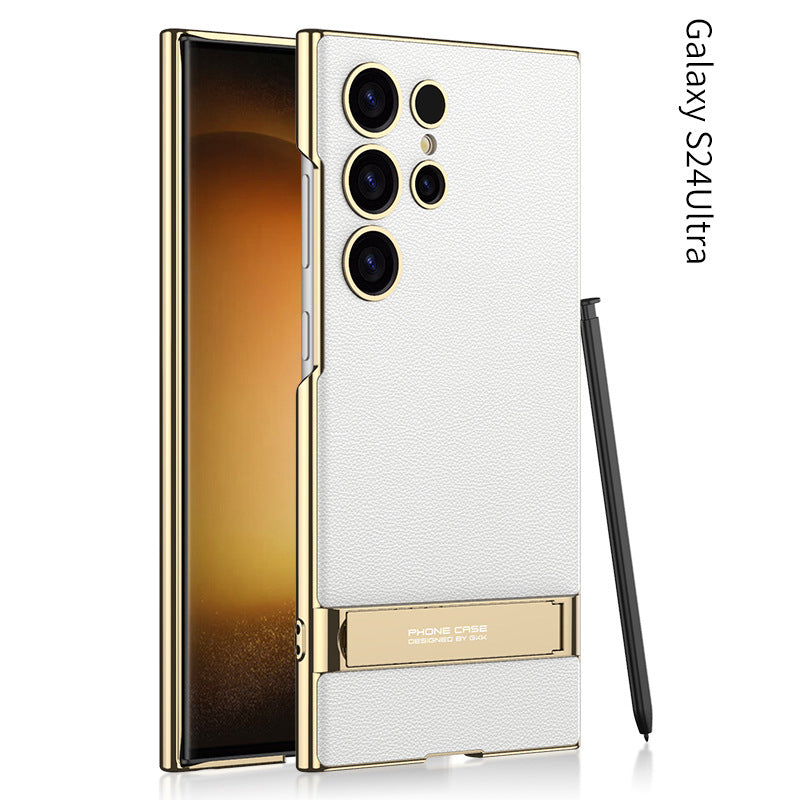 Shockproof with Precision Cutouts S24Ultra Electroplated Vegan Leather Stand Case for S24Ultra S24 Plus