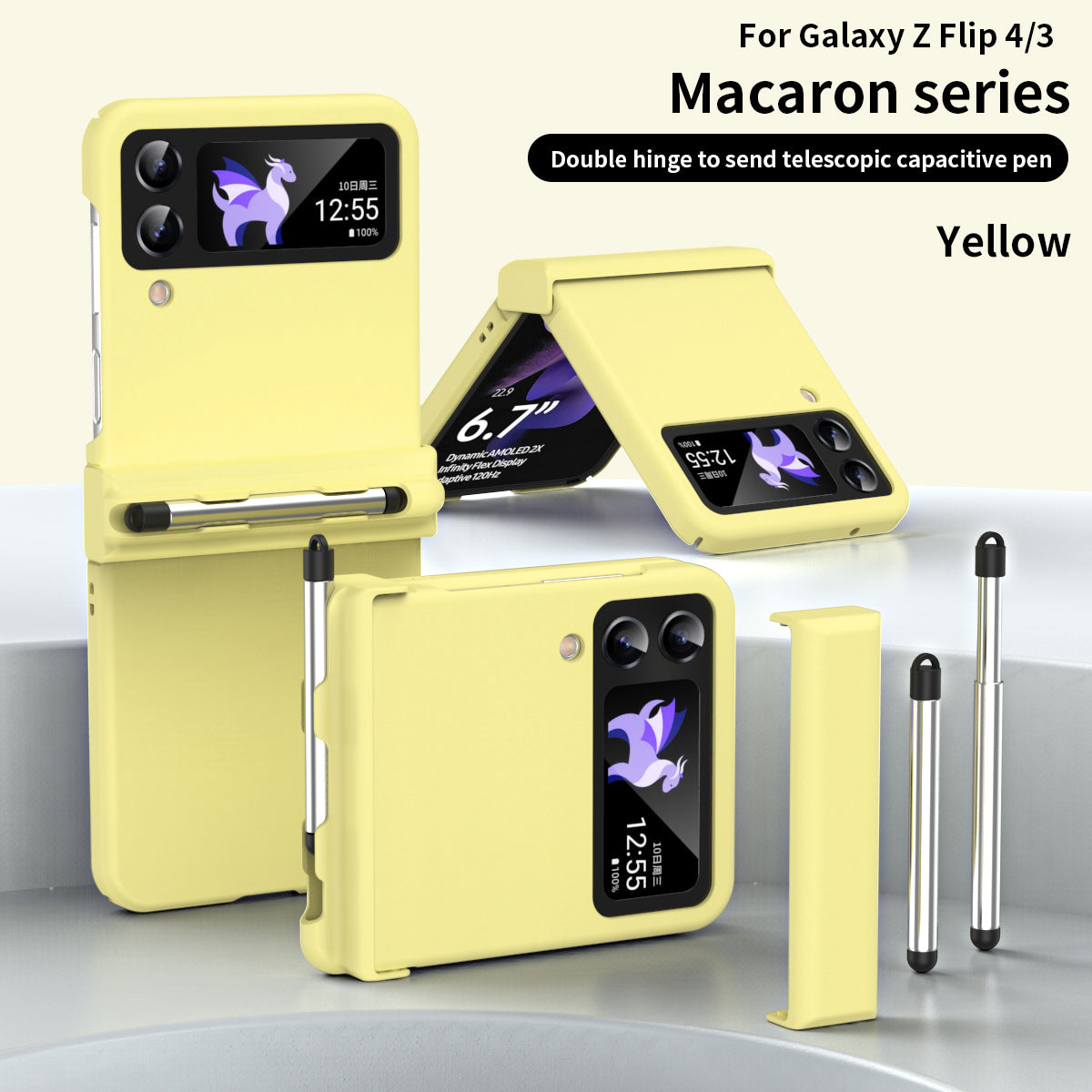 Macaron Hinged All-Inclusive Drop-Proof Cover with Stylus for Samsung Galaxy Z Flip4 5G 