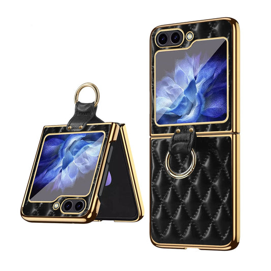 Luxury Leather Samsung Z Flip5 Case With Front Film and Ring