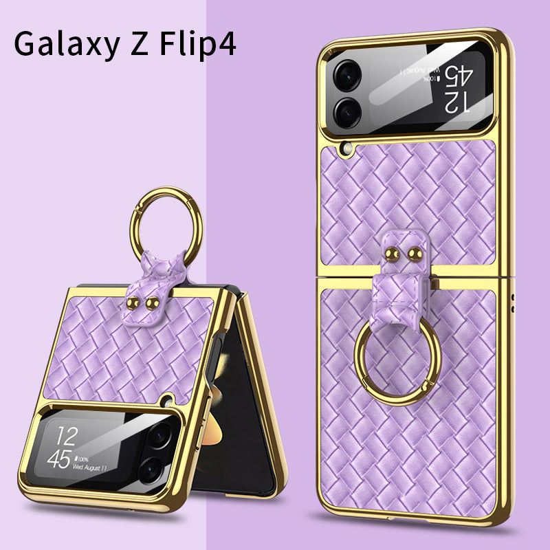 Electroplated Weave Leather Case For Galaxy Z Flip4 5G With Back Glass And Ring Holder Standard
