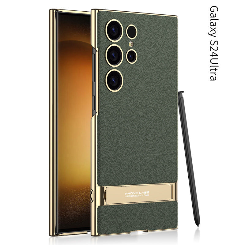Shockproof with Precision Cutouts S24Ultra Electroplated Vegan Leather Stand Case for S24Ultra S24 Plus