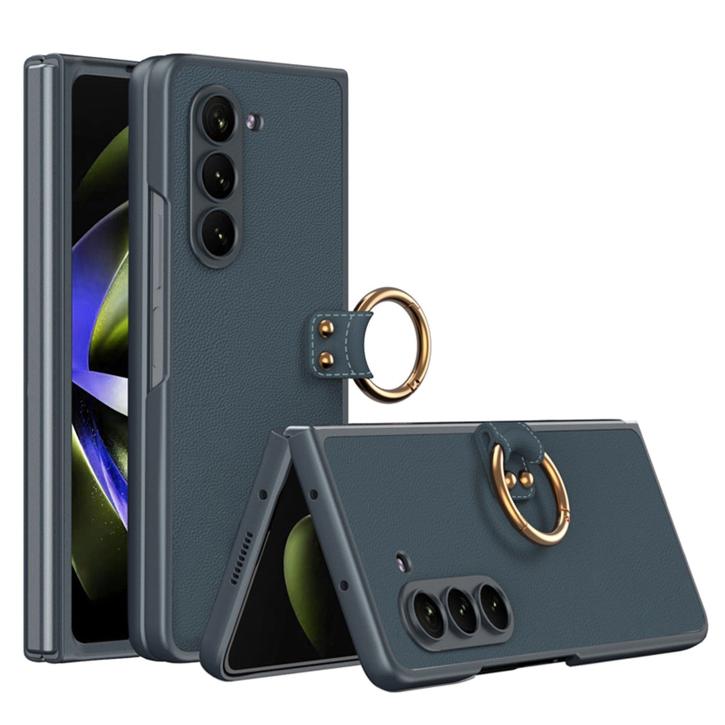 Leather Samsung Galaxy Z Fold 5 Case with Front Screen Tempered Glass Protector & Ring