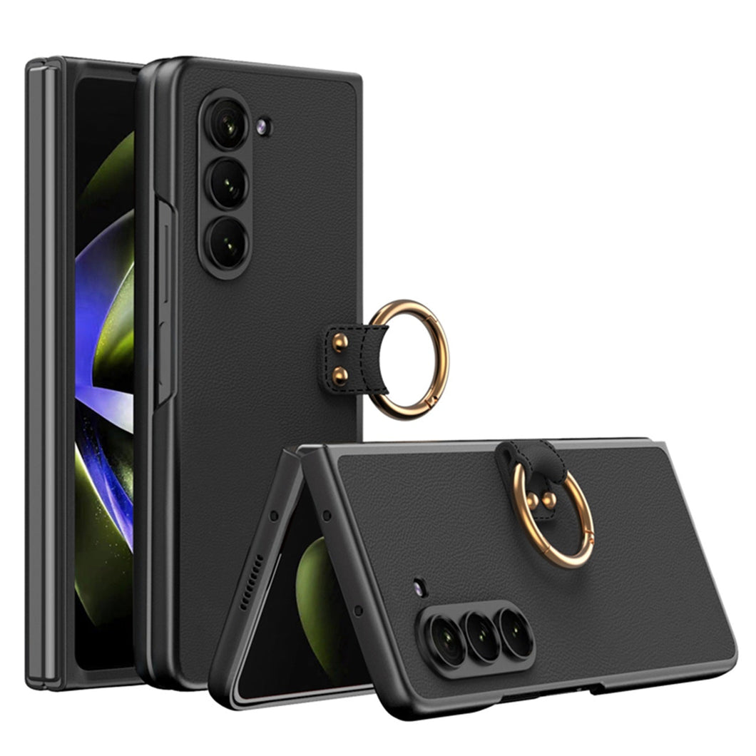 Leather Samsung Galaxy Z Fold 5 Case with Front Screen Tempered Glass Protector & Ring