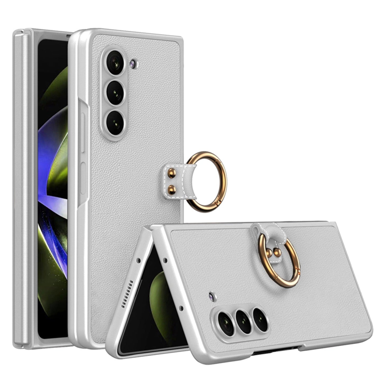 Leather Samsung Galaxy Z Fold 5 Case with Front Screen Tempered Glass Protector & Ring