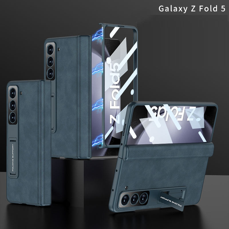 Plain leather Samsung Z Fold5 Phone Case with Screen Protector & Stand