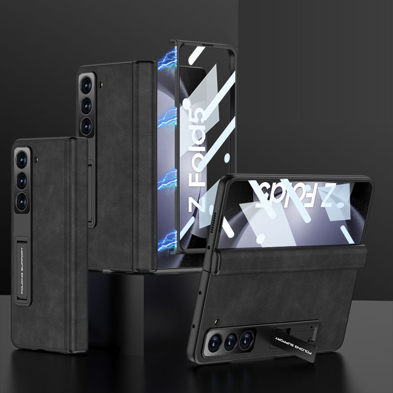 Plain leather Samsung Z Fold5 Phone Case with Screen Protector & Stand