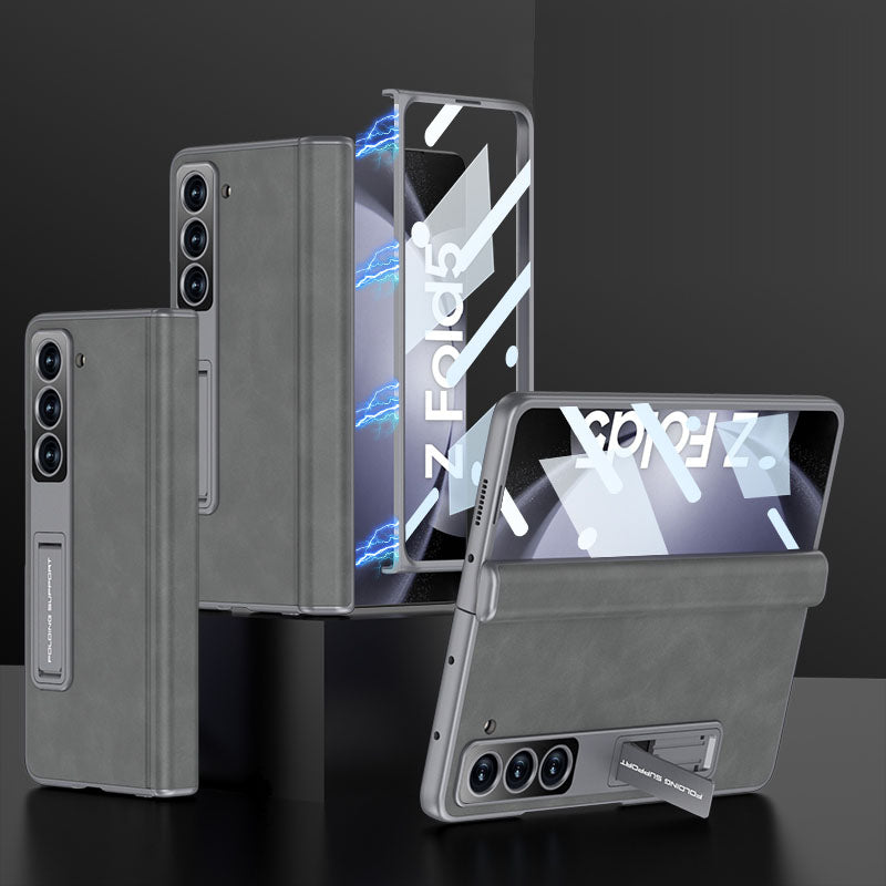 Plain leather Samsung Z Fold5 Phone Case with Screen Protector & Stand