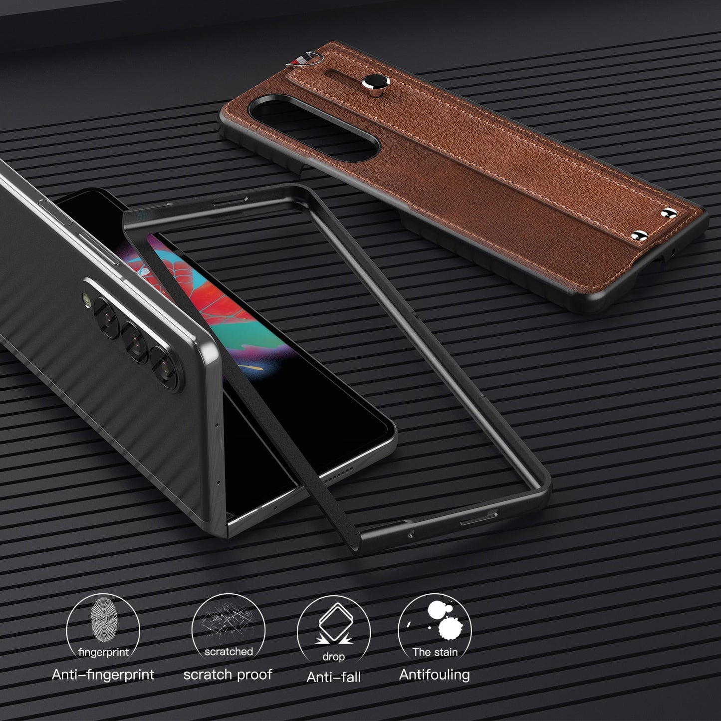 Samsung Galaxy Z Fold 3 5G Case Slim Lightweight Genuine Leather Hand Strap Protective Shockproof Cover
