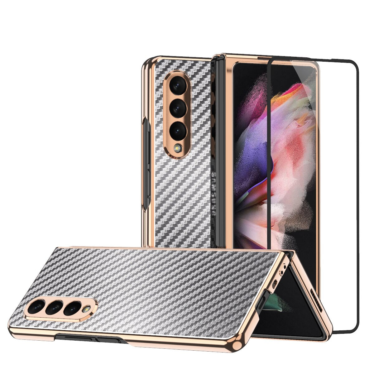 Plating Folding Case for Samsung Galaxy Z Fold 3 5G Fold3 with Tempered Glass Screen Protector Film Cover