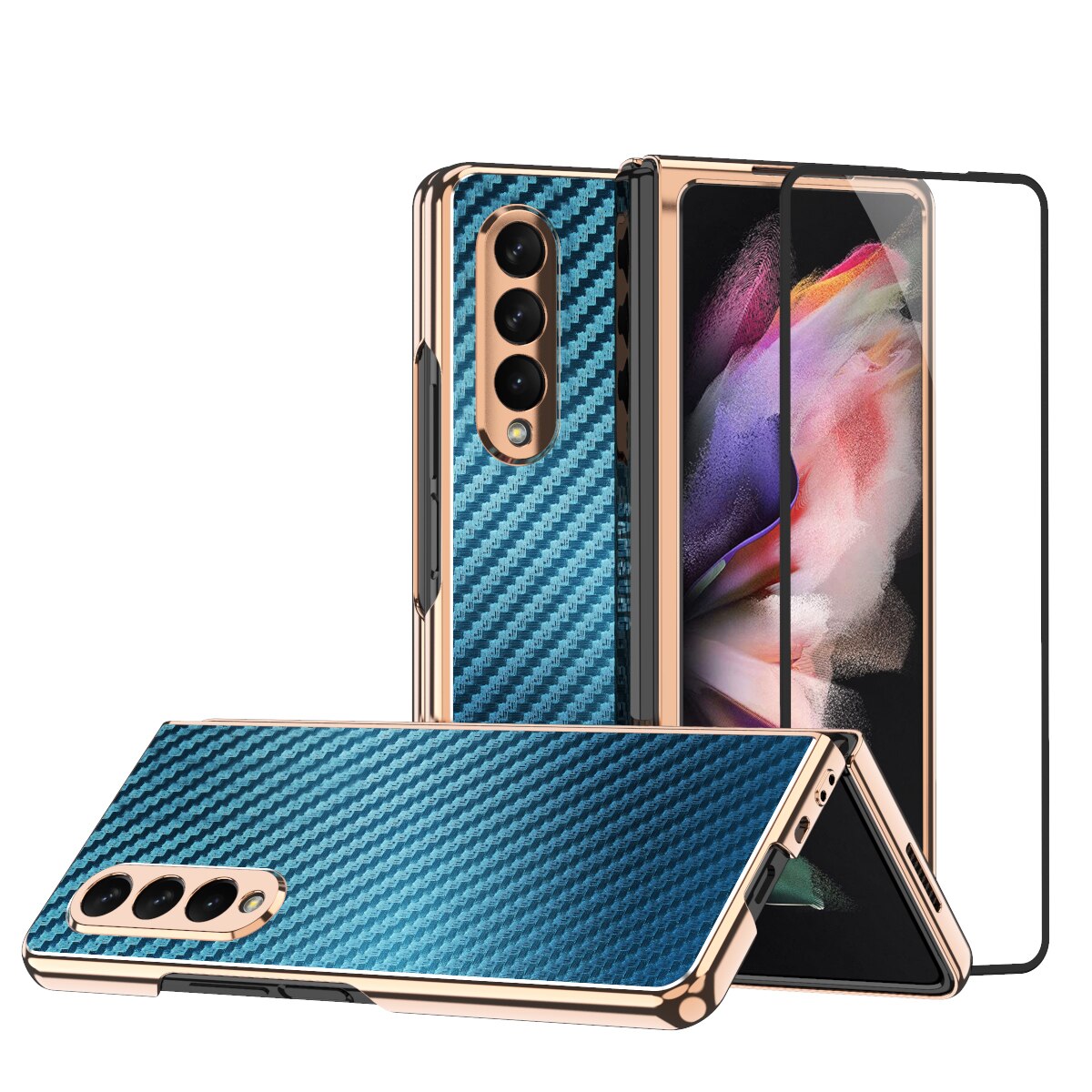 Plating Folding Case for Samsung Galaxy Z Fold 3 5G Fold3 with Tempered Glass Screen Protector Film Cover