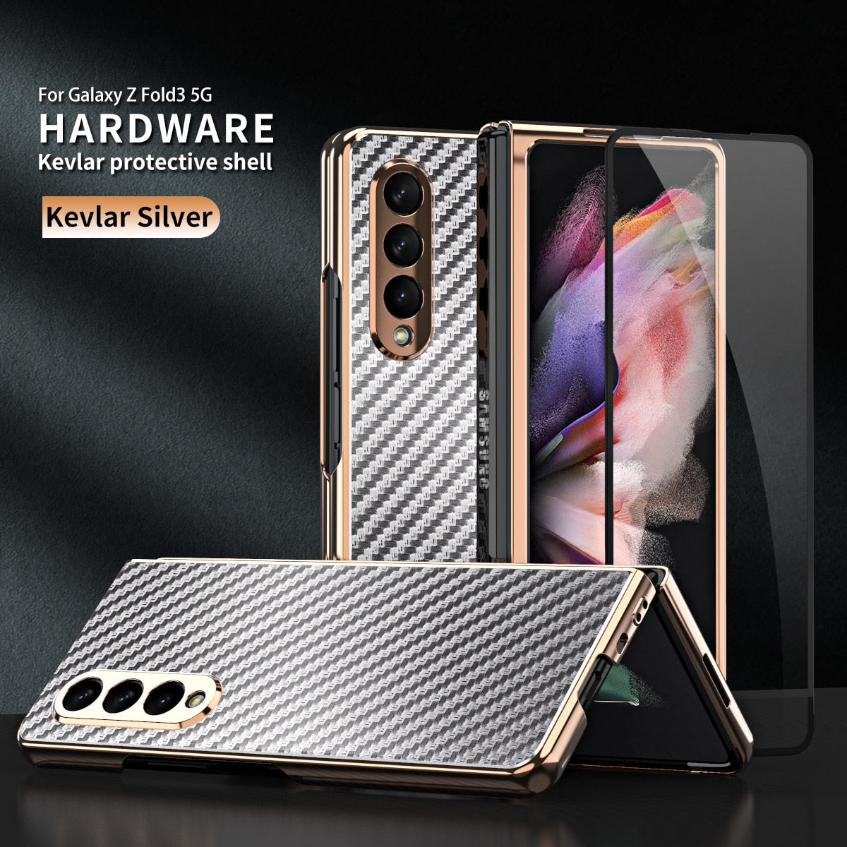 Plating Folding Case for Samsung Galaxy Z Fold 3 5G Fold3 with Tempered Glass Screen Protector Film Cover