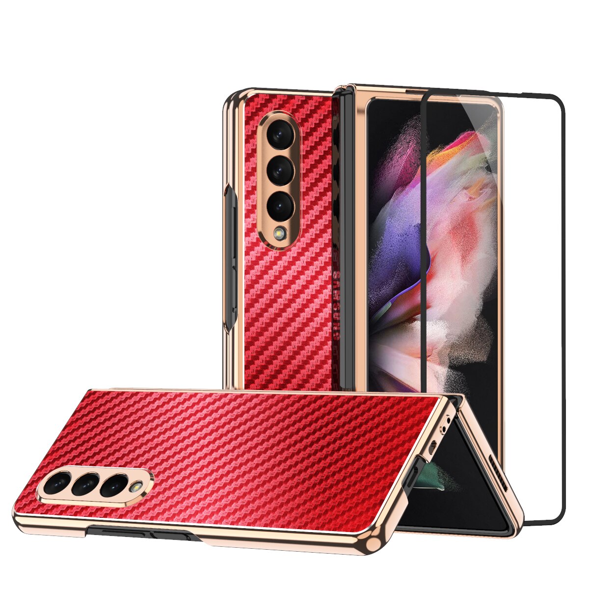 Plating Folding Case for Samsung Galaxy Z Fold 3 5G Fold3 with Tempered Glass Screen Protector Film Cover
