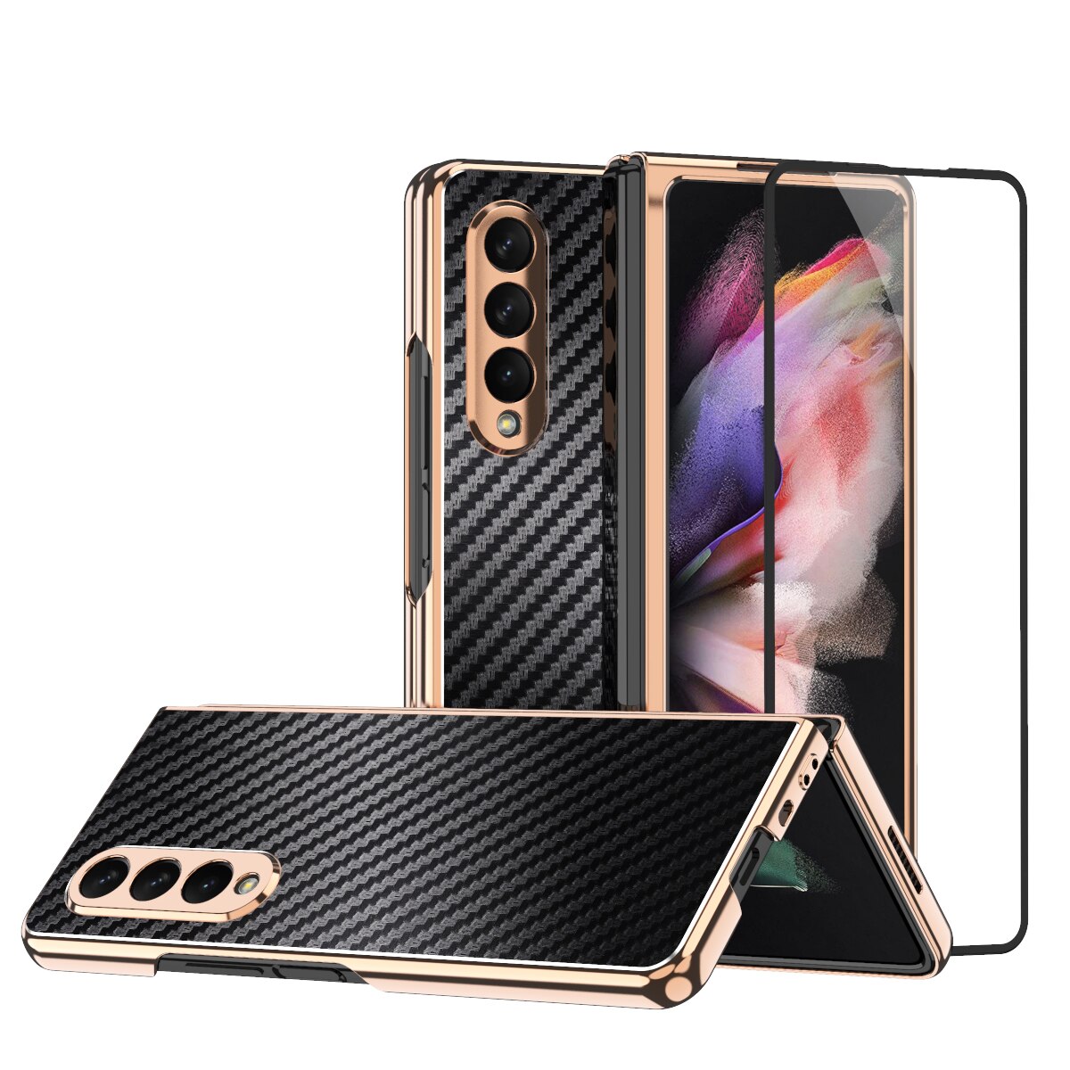 Plating Folding Case for Samsung Galaxy Z Fold 3 5G Fold3 with Tempered Glass Screen Protector Film Cover