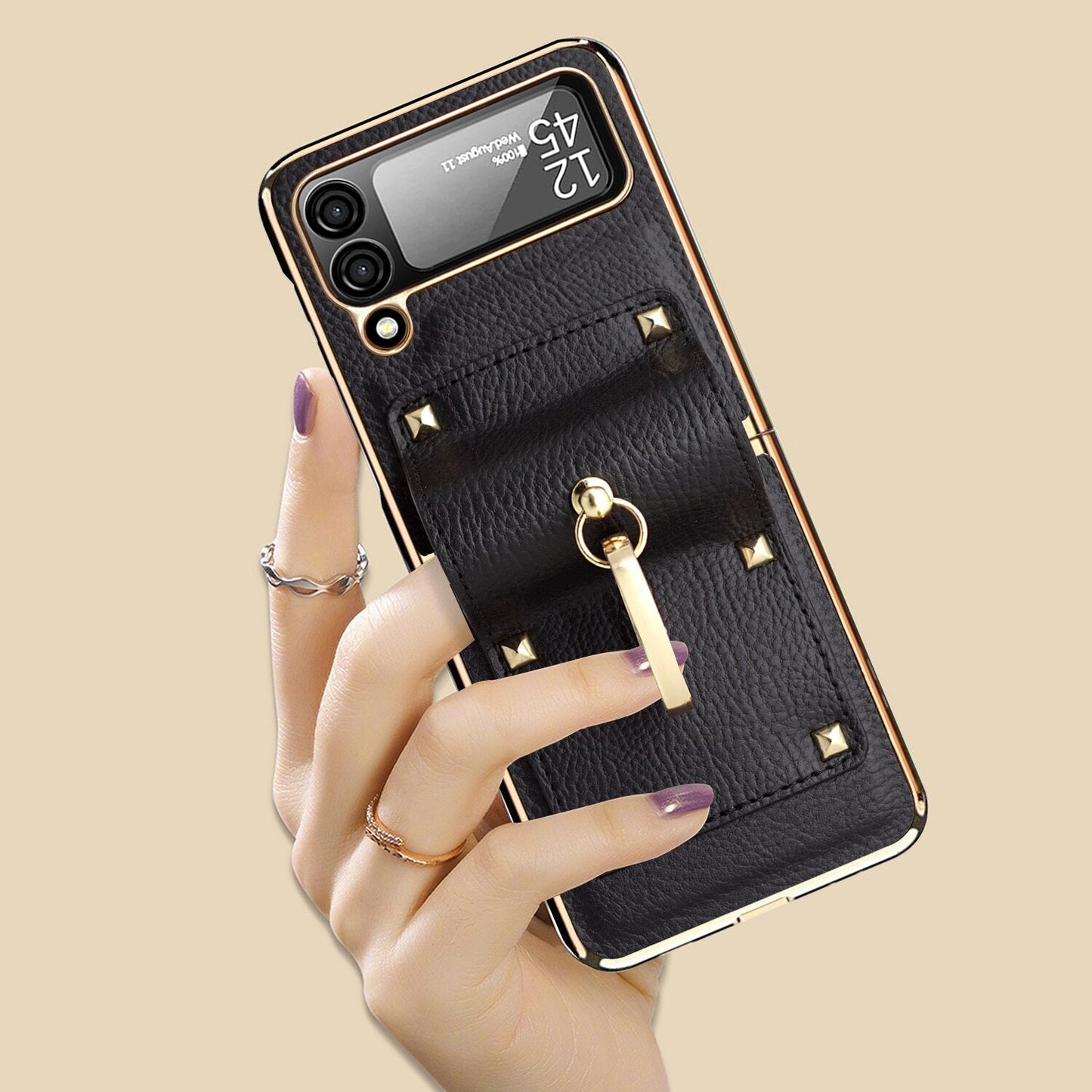 Samsung Galaxy Z Flip4 5G Case Plating Hinge PU Leather Protection Ring Stand Cover for Samsung Z Flip4