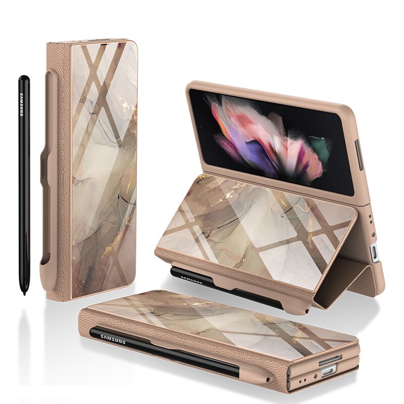 Samsung Galaxy Z Fold 3 Case With S Pen Holder Slot Leather and Tempered Glass Flip Stand Cover For Galaxy Z Fold 3