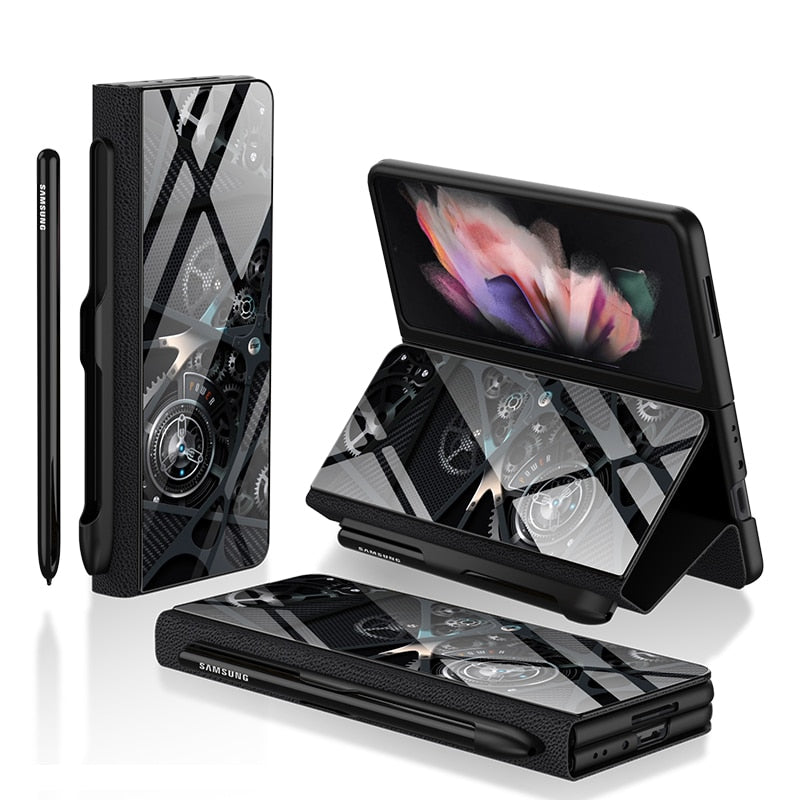 Samsung Galaxy Z Fold 3 Case With S Pen Holder Slot Leather and Tempered Glass Flip Stand Cover For Galaxy Z Fold 3
