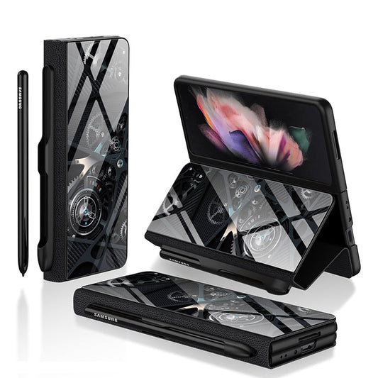 Samsung Galaxy Z Fold 3 Case With S Pen Holder Slot Leather and Tempered Glass Flip Stand Cover For Galaxy Z Fold 3
