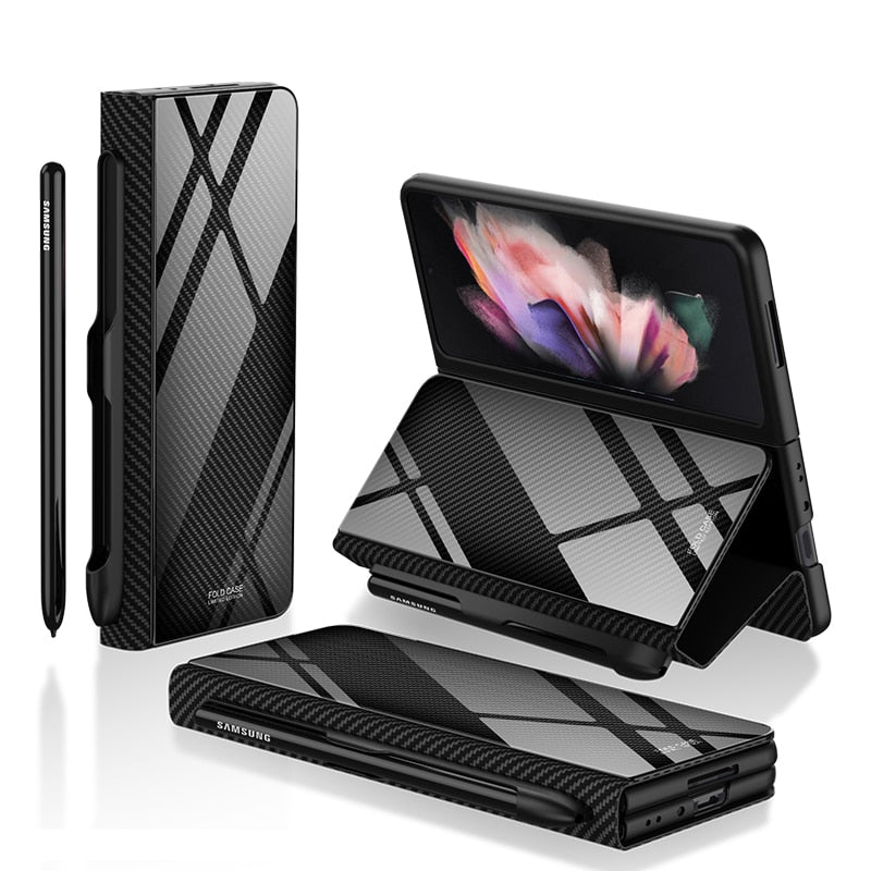 Samsung Galaxy Z Fold 3 Case With S Pen Holder Slot Leather and Tempered Glass Flip Stand Cover For Galaxy Z Fold 3