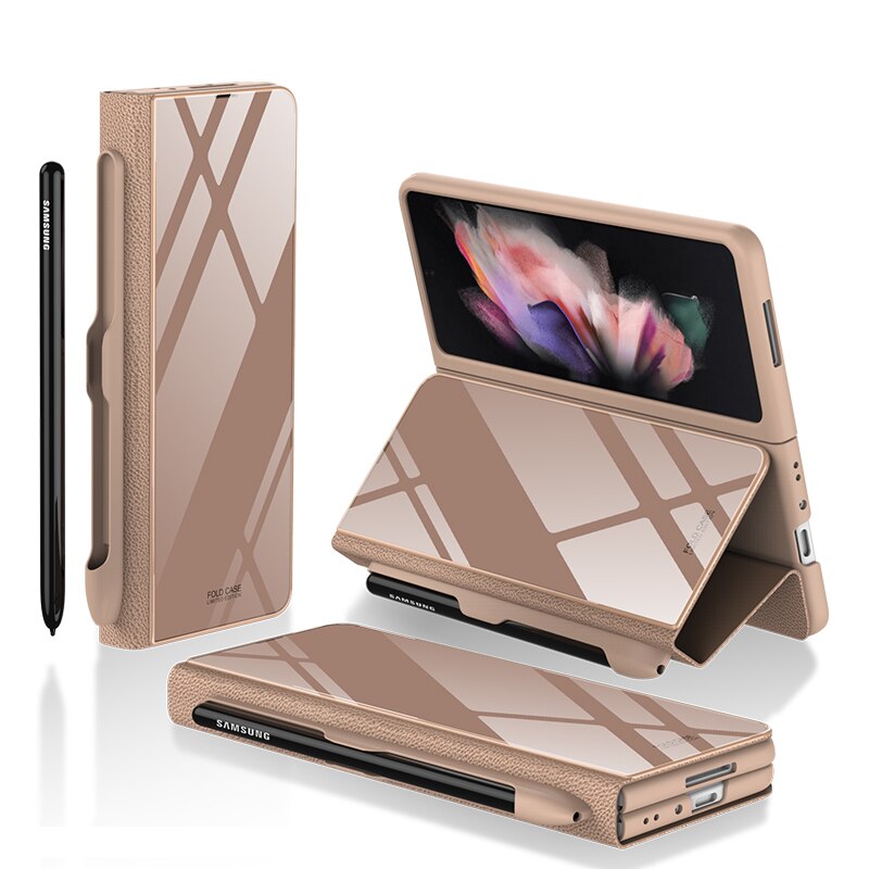 Samsung Galaxy Z Fold 3 Case With S Pen Holder Slot Leather and Tempered Glass Flip Stand Cover For Galaxy Z Fold 3