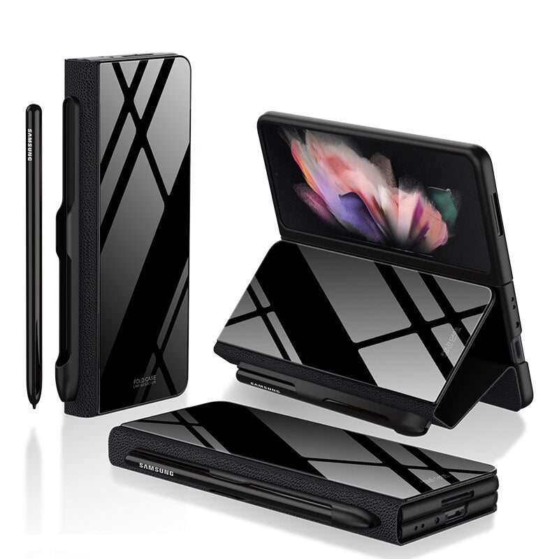 Samsung Galaxy Z Fold 3 Case With S Pen Holder Slot Leather and Tempered Glass Flip Stand Cover For Galaxy Z Fold 3