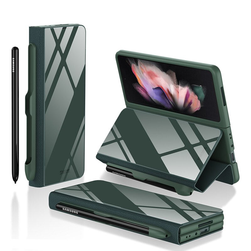 Samsung Galaxy Z Fold 3 Case With S Pen Holder Slot Leather and Tempered Glass Flip Stand Cover For Galaxy Z Fold 3