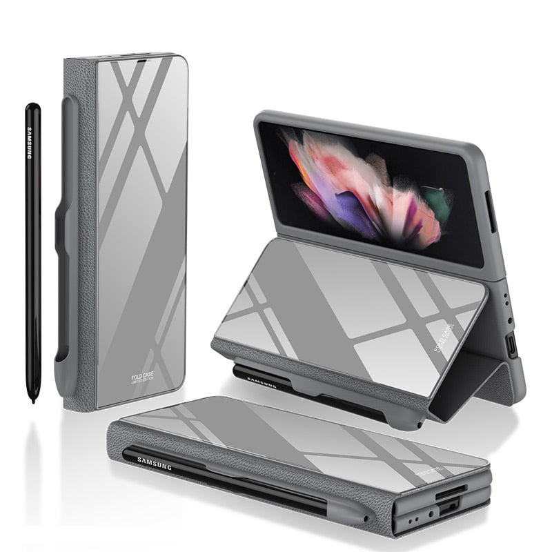 Samsung Galaxy Z Fold 3 Case With S Pen Holder Slot Leather and Tempered Glass Flip Stand Cover For Galaxy Z Fold 3