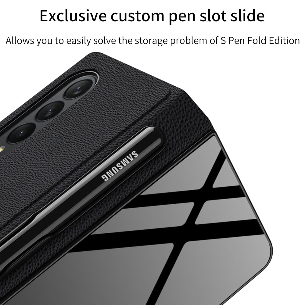 Samsung Galaxy Z Fold 3 Case With S Pen Holder Slot Leather and Tempered Glass Flip Stand Cover For Galaxy Z Fold 3