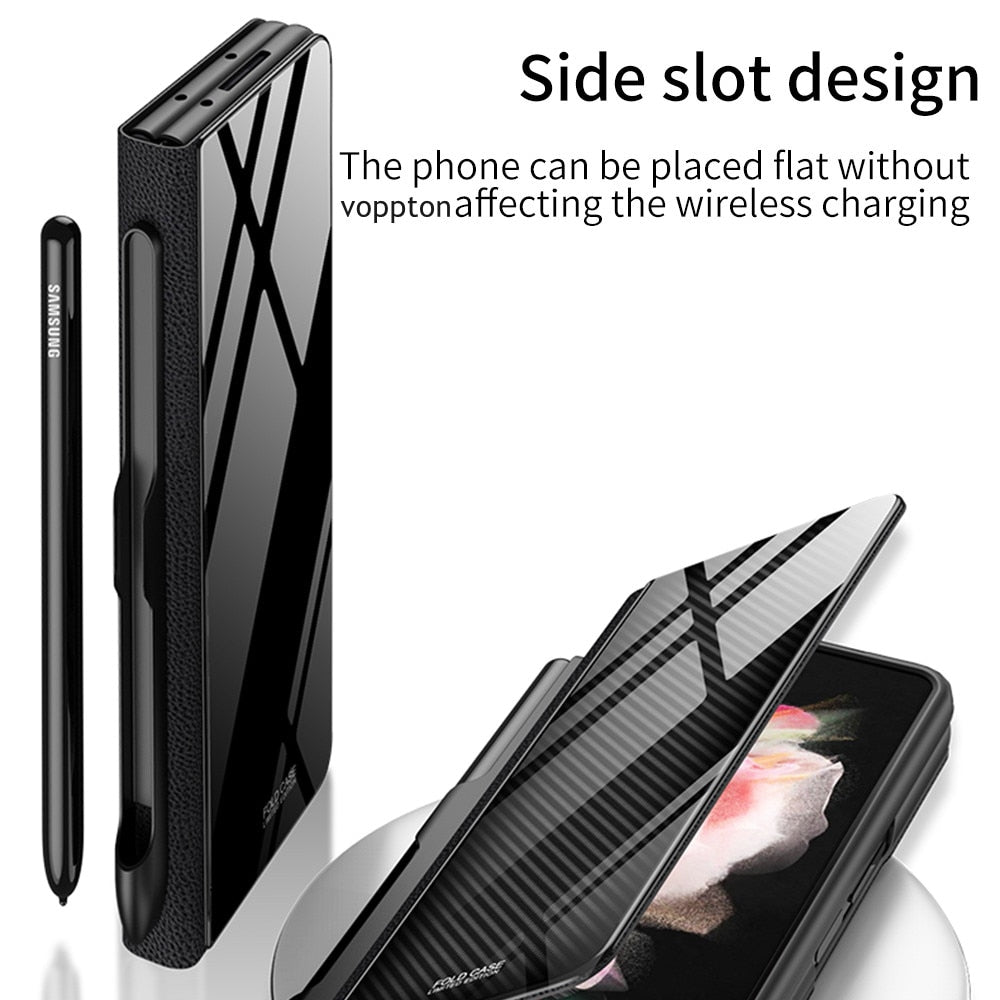 Samsung Galaxy Z Fold 3 Case With S Pen Holder Slot Leather and Tempered Glass Flip Stand Cover For Galaxy Z Fold 3