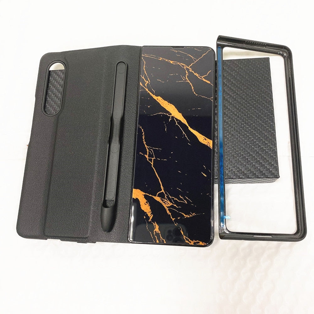 Samsung Galaxy Z Fold 3 Case With S Pen Holder Slot Leather and Tempered Glass Flip Stand Cover For Galaxy Z Fold 3