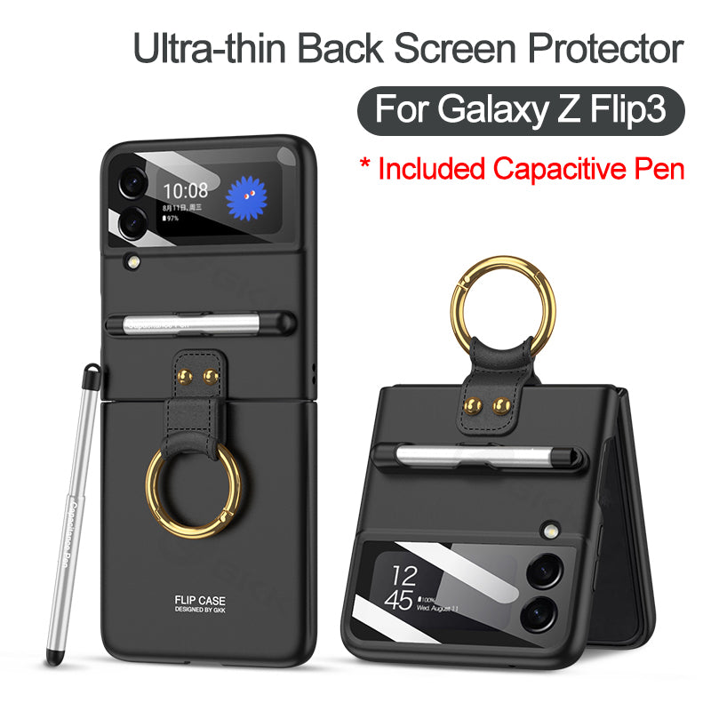 Capacitance Pen Plastic Cover For Samsung Galaxy Z Flip 3 5G Case Finger-Ring Back Screen Protector Cover For Galaxy Z Flip3