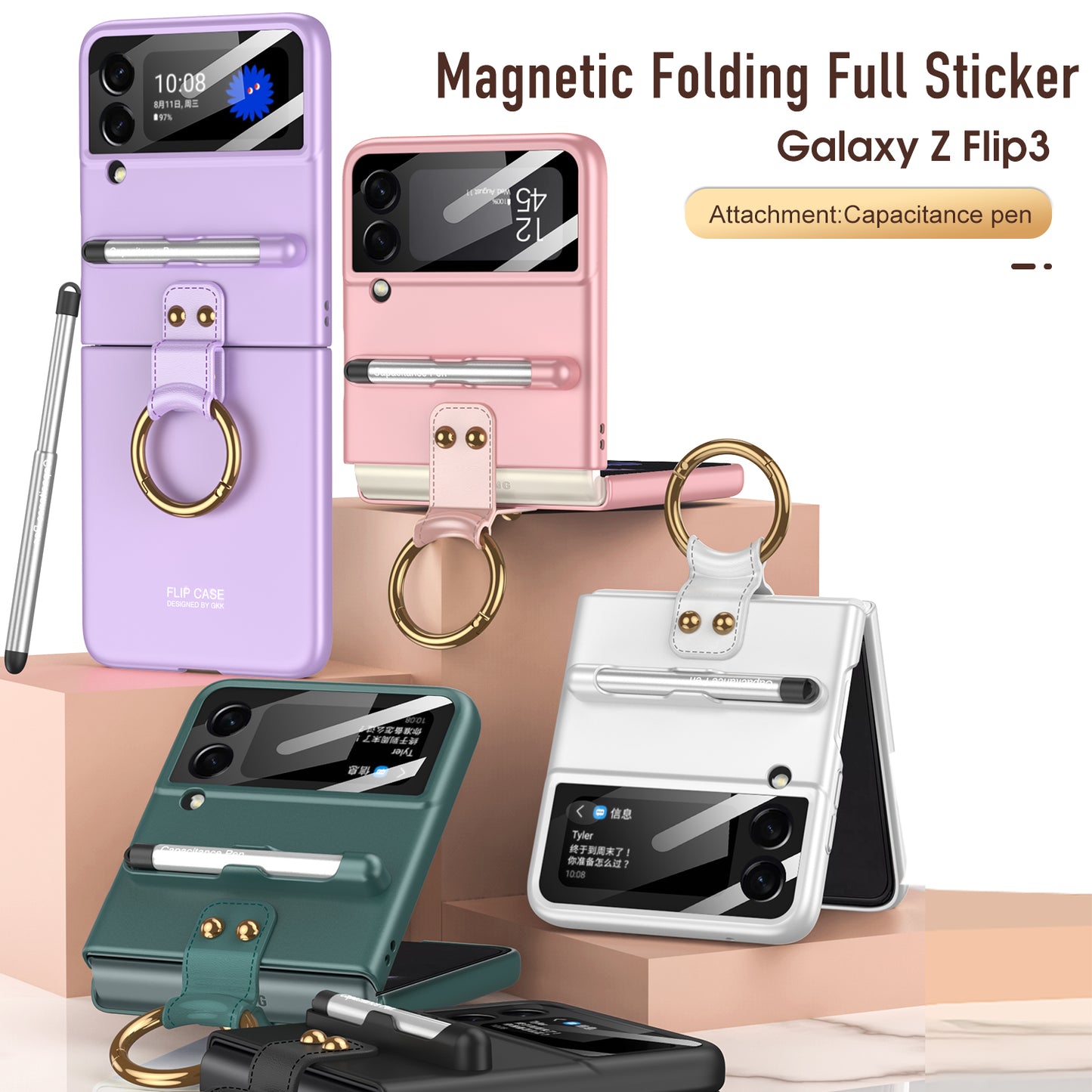 Capacitance Pen Plastic Cover For Samsung Galaxy Z Flip 3 5G Case Finger-Ring Back Screen Protector Cover For Galaxy Z Flip3