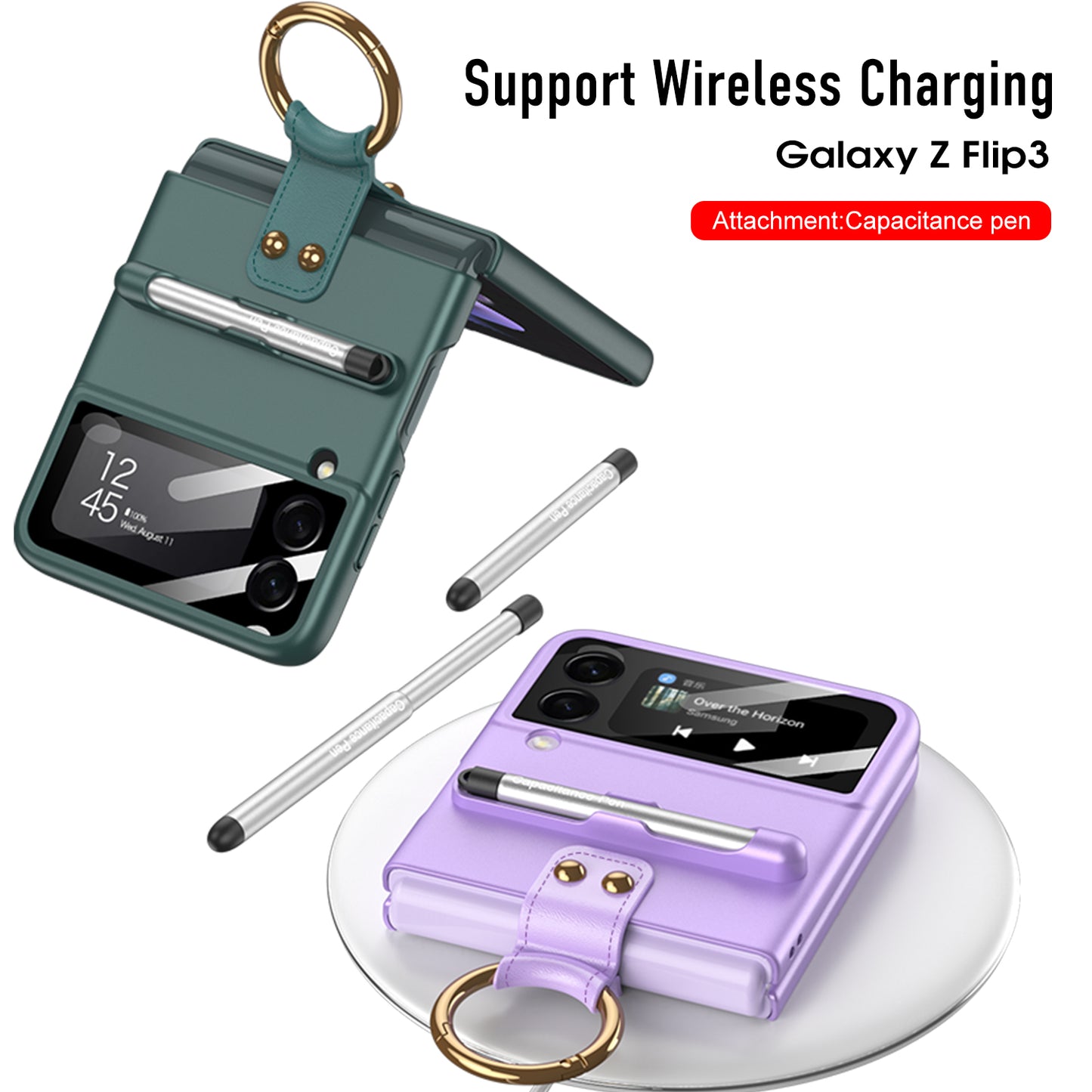 Capacitance Pen Plastic Cover For Samsung Galaxy Z Flip 3 5G Case Finger-Ring Back Screen Protector Cover For Galaxy Z Flip3