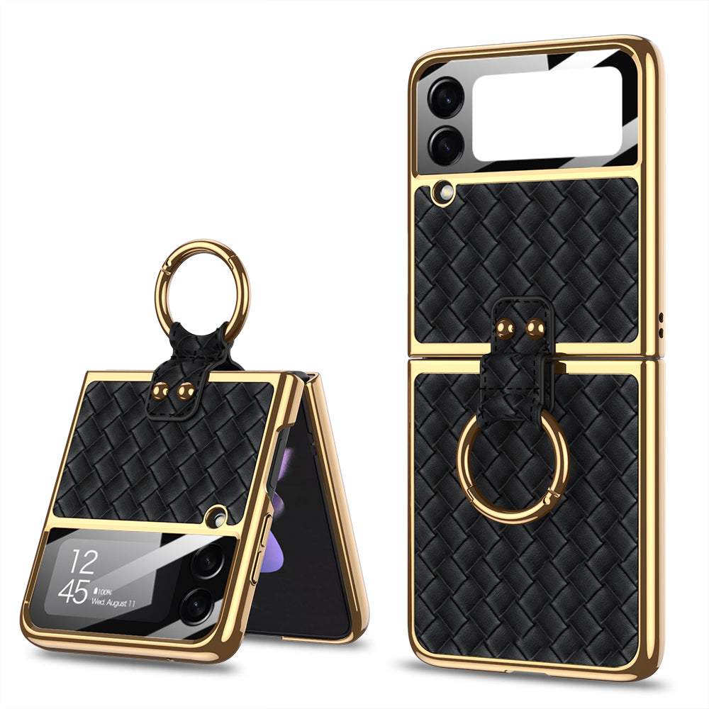 Electroplated Braided Leather Case For Samsung Galaxy Z Flip 3 5G Back Tempered Glass Phone Cover For Galaxy Z Flip3 Case
