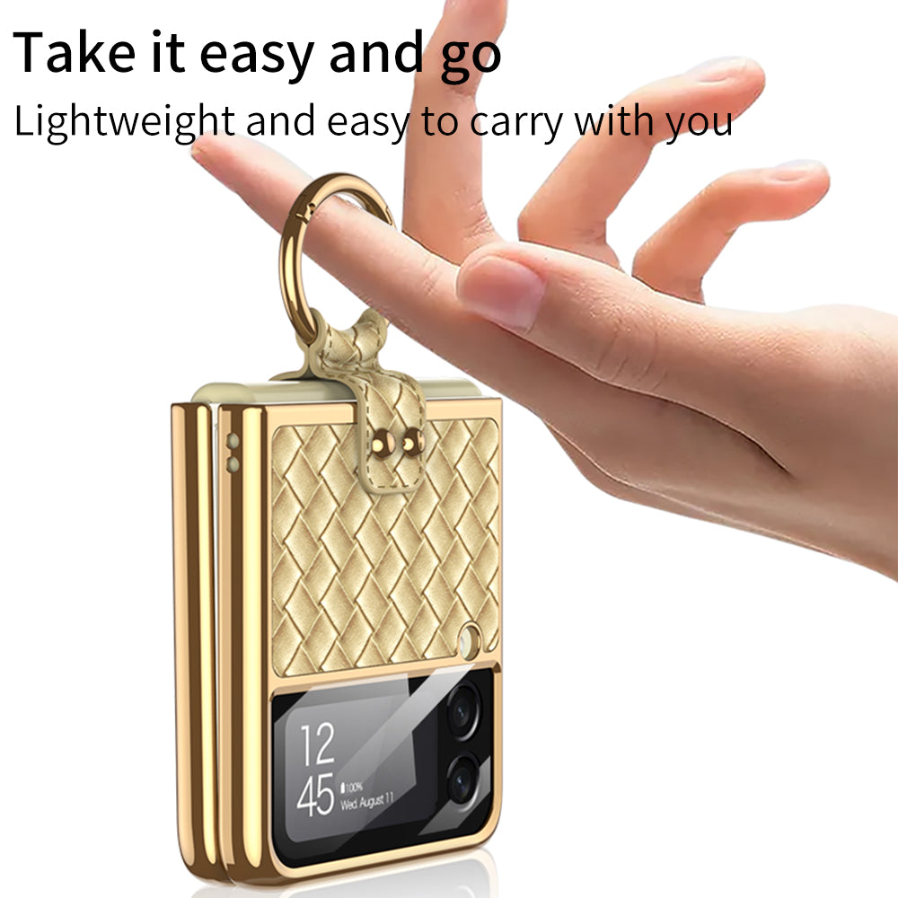 Electroplated Braided Leather Case For Samsung Galaxy Z Flip 3 5G Back Tempered Glass Phone Cover For Galaxy Z Flip3 Case