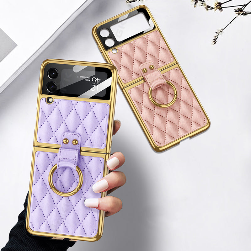 Leather Plating Back Screen Glass Case Cover For Samsung Galaxy Z Flip 3 5G Ring Stand Hard Cover For Galaxy Z Flip3 5G Case