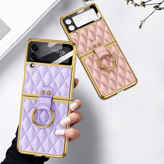 Leather Plating Back Screen Glass Case Cover For Samsung Galaxy Z Flip 3 5G Ring Stand Hard Cover For Galaxy Z Flip3 5G Case