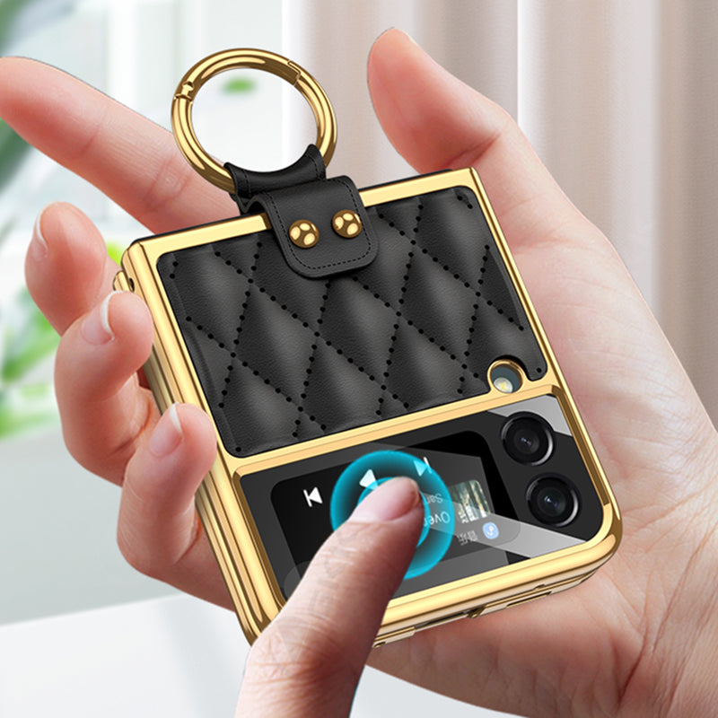 Leather Plating Back Screen Glass Case Cover For Samsung Galaxy Z Flip 3 5G Ring Stand Hard Cover For Galaxy Z Flip3 5G Case