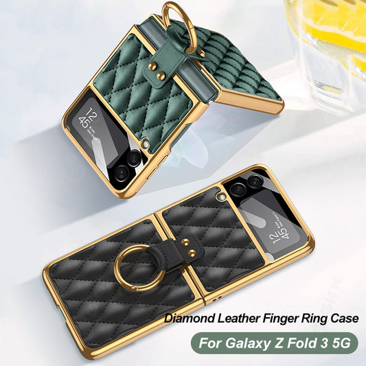 Leather Plating Back Screen Glass Case Cover For Samsung Galaxy Z Flip 3 5G Ring Stand Hard Cover For Galaxy Z Flip3 5G Case