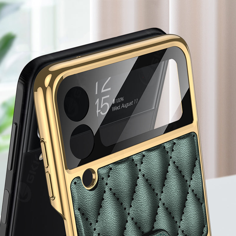Leather Plating Back Screen Glass Case Cover For Samsung Galaxy Z Flip 3 5G Ring Stand Hard Cover For Galaxy Z Flip3 5G Case